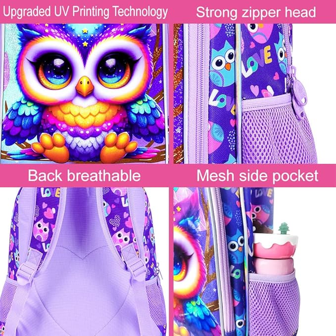 WZLVO 3PCS Backpack for Girls, 16" Kids Owl Preschool Bookbag with Lunch Box，Cute Animal Water Resistant School Backpacks Set for Elementary Kindergarten