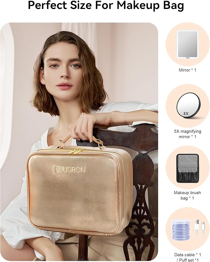 JUSRON Travel Makeup Bag With LED Mirror, Cosmetic Train Case with Light up Mirror, Portable Makeup Artist Organizer Bag with Adjustable Dividers, Makeup Brush Holder Storage (Rose Gold, Large)