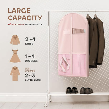 43" Travel Garment Bag with Accessories Zipper Pocket, Heavy Duty Suit Bag for Suits, Tuxedos, Dresses, Coats, Pink, 1 pack