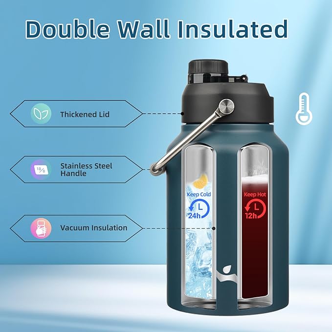 Half Gallon Jug with Handle,64 oz Insulated Water Bottle with Carrying Pouch,Double Wall Vacuum Stainless Steel Metal Bottle,Navy blue
