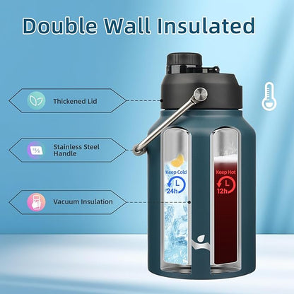 Half Gallon Jug with Handle,64 oz Insulated Water Bottle with Carrying Pouch,Double Wall Vacuum Stainless Steel Metal Bottle,Navy blue