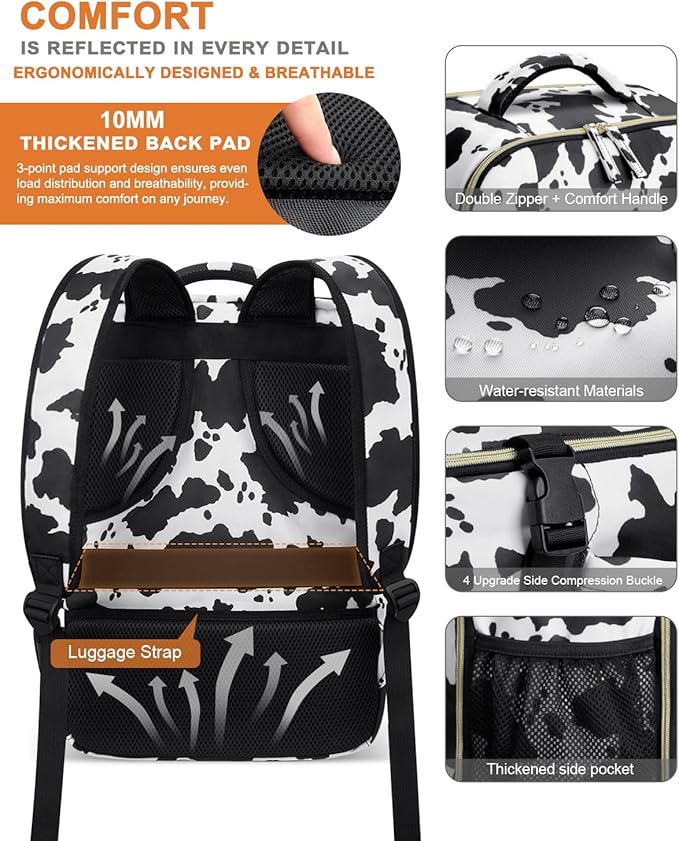 Capolo Travel Backpack for Women Men Waterproof Laptop Backpack Flight Approved Carry On Backpack Overnight Weekender Bag College Bookbag for Business, Work, Traveling Fits 17 '' Laptop,Cow Print