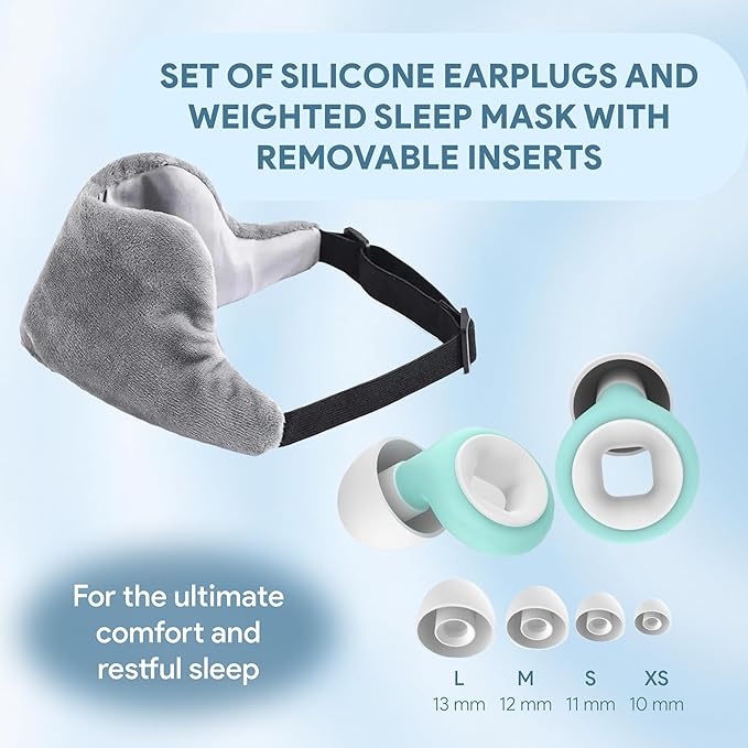 Sleep Set – Weighted Eye Mask with Removable Inserts + Soft Silicone Earplugs (White & Green) – Comfort Sleep Bundle for Travel, Relaxation & Noise Reduction