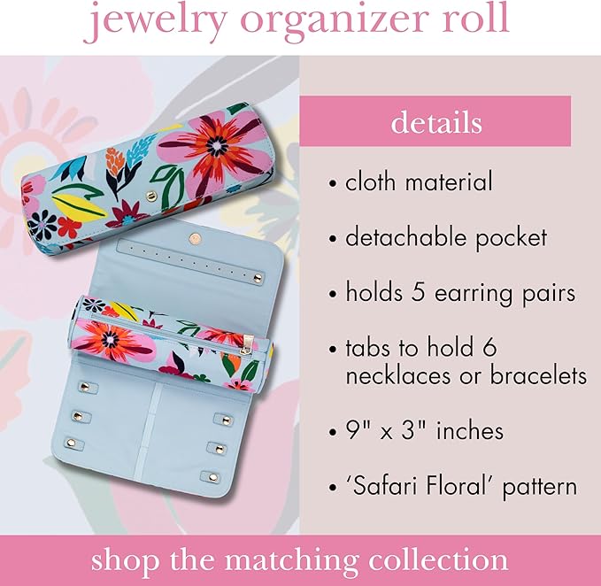kate spade new york Travel Jewelry Case Organizer, Fabric Jewelry Box for Women, Cute Jewelry Organizer Holds Necklaces, Rings, Bracelets, Small Jewelry Roll (Safari Floral)