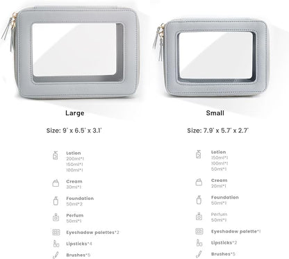 Aveniee Clear Makeup Bag Organizer Set,Portable Travel Toiletry Cosmetic Bag Case for Women,Vegan Leather Make Up Pouch Car Bag for Essentials,Middle+Large,Blue