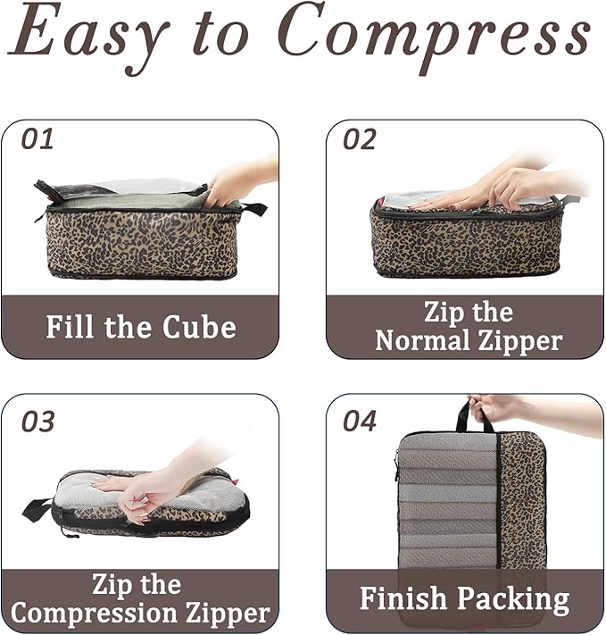 U+U 6 Set Compression Packing Cubes - Ultralight Travel Organizers with Laundry Bag, Space-Saving Suitcase Organizer, Expandable Packing Cubes for Travel, Business Trip and Family Vacation (Leopard)