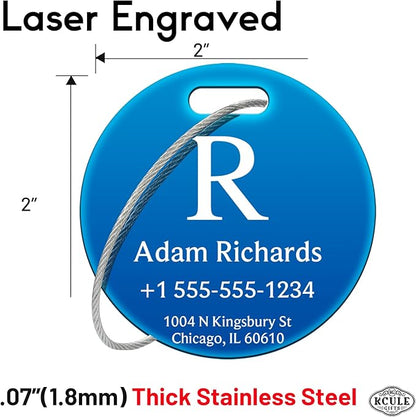 Stainless Luggage Tags for Suitcases 4 Pack: Metal Personalized Luggage Tags for Backpacks & Bags with Customizable Texts (Blue)