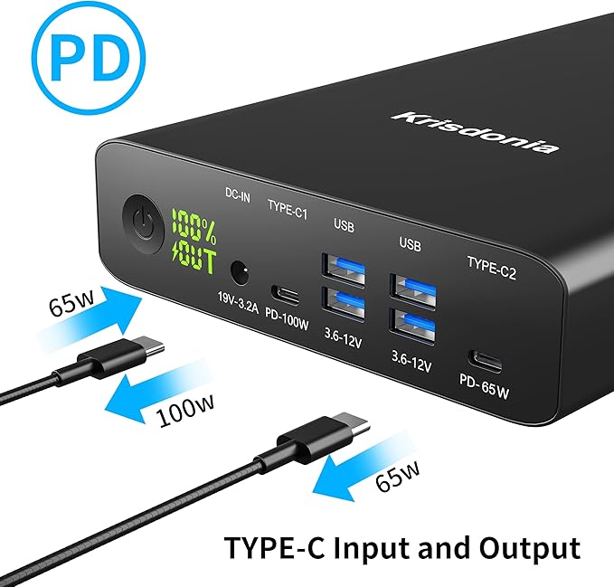 Krisdonia Portable Charger, PD 100W USB C Power Bank 64000mAh Fast Charging External Battery Pack with Dual USB-C PD (100W&65W) & 4 USB-A (QC3.0 18W) for Type-C Laptops, MacBook Pros, XPS, iPad Pro