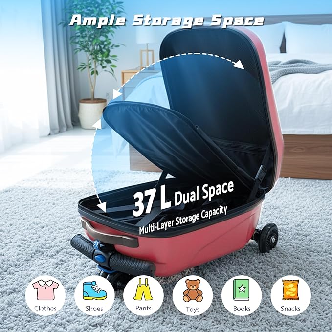 20" Hardshell Scooter Suitcase for Kid & Adult Foldable 2 in 1 Ride on Carry on Travel Trolley Scooter Luggage With Wheels