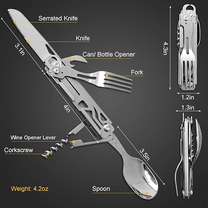 6 in 1 Detachable Camping Utensils Flatware Set, Multifunction Travel Pocket Cutlery Folding Spoon, Fork, Knife, Wine Bottle Can Opener Portable Combo Set Stainless Steel