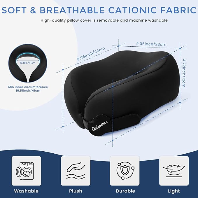 Travel Neck Pillow for Airplane, Neck Travel Pillow, Upgraded Soft 100% Pure Memory Foam - Lightweight and Stowable - Ergonomic Design for Long Flights, Car, Train, Office Use