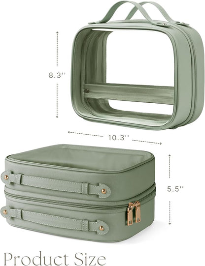 Clear Cosmetic Bag Double Layer Travel Toiletry Bag Clear Makeup Bag Case with 4 Compartments, Transparent Travel Bag for Toiletries, Large Toiletry Bag for Women Cosmetic Case (Sage Green, Large)