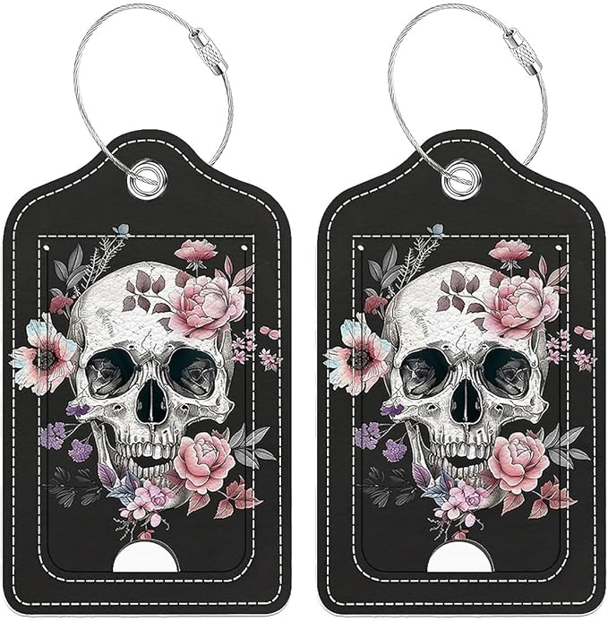 Funny PU Leather Luggage Tags 2-Pack Suitable for Suitcase Stainless Steel Loop and Address Card Essential with Cruise and Airport Travel White Skull Pink Rose Cute Pattern