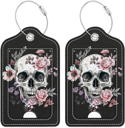Funny PU Leather Luggage Tags 2-Pack Suitable for Suitcase Stainless Steel Loop and Address Card Essential with Cruise and Airport Travel White Skull Pink Rose Cute Pattern