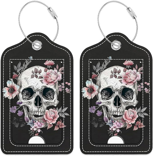 Funny PU Leather Luggage Tags 2-Pack Suitable for Suitcase Stainless Steel Loop and Address Card Essential with Cruise and Airport Travel White Skull Pink Rose Cute Pattern