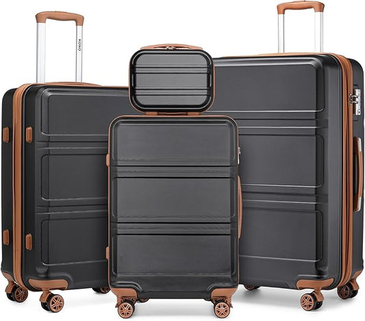 Kono 4 Piece Luggage Sets Expandable(only 28") with Spinner Wheels TSA Lock Lightweight PC+ABS Hardside Travel Rolling Suitcases 20in 24in 28in Carry on and 12in Mini Cosmetic Case Apricot Black