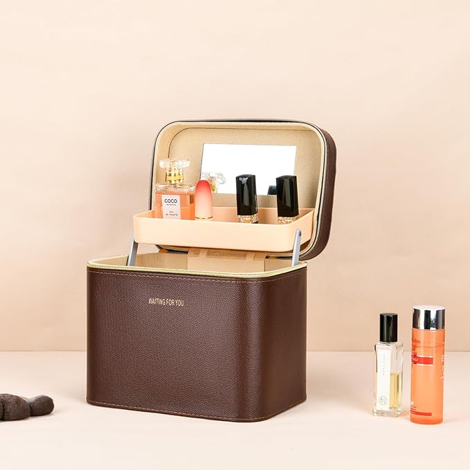 Luxury makeup box, Portable leather hard cosmetic case with mirror, cosmetic case organizer,Professional train case for women adults. (Brown)