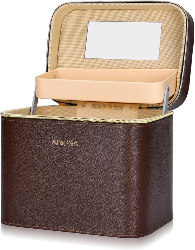 Luxury makeup box, Portable leather hard cosmetic case with mirror, cosmetic case organizer,Professional train case for women adults. (Brown)