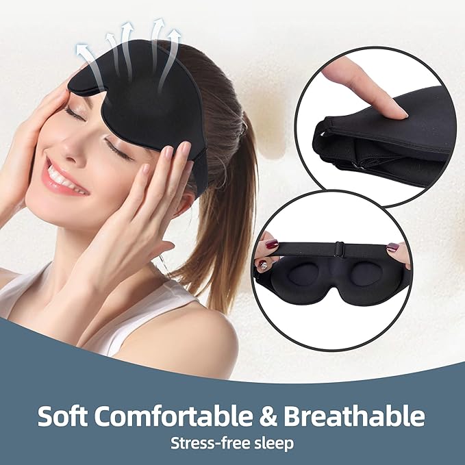 3 Pack 3D Contoured Sleep Eye Mask - with 3 Pack Ear Plugs – Soft Breathable Blackout Sleeping EyeMask for Men Women Adults – Lightweight Zero Pressure Eye Cover for Travel Naps Night Shift Meditation