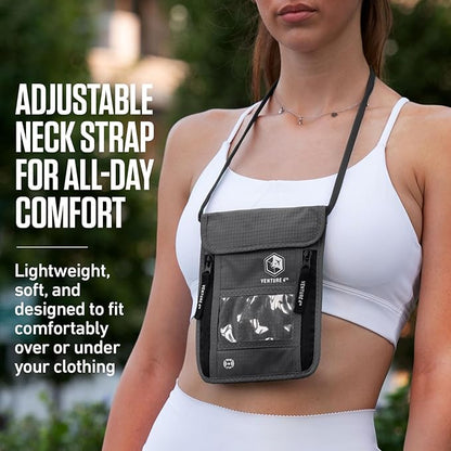 VENTURE 4TH Neck Wallet, RFID Blocking Passport Holder for Travel – Hidden Neck Pouch with 6 Compartments, Slim Lightweight Organizer with Adjustable Strap for Cash, Cards & Passport (Gray)