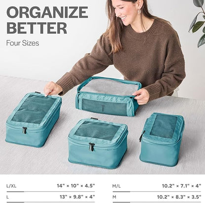 Aerotrunk Compression Packing Cubes for Travel - Luggage Organizer Bags - Double Zipper Packing Cubes for Suitcases (4-Pack, Teal)