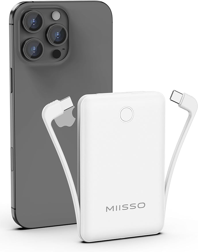 miisso 10000mAh Compatible with iPhone 15/16/17 and Android, Slim Portable Charger with Built in Cable, Power Bank Travel Charger External Battery Pack for Phone, 3 Output USB Type C Cord, White