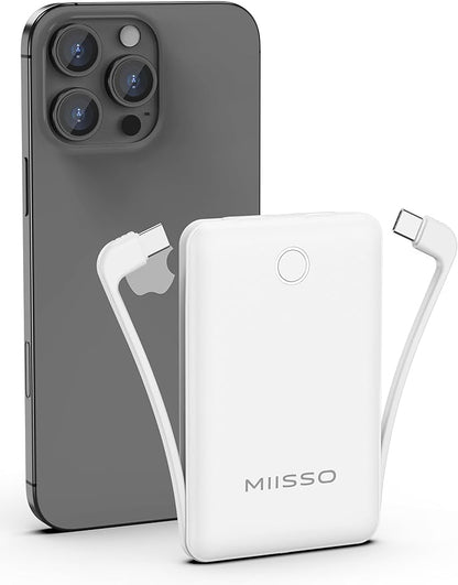 miisso 10000mAh Compatible with iPhone 15/16/17 and Android, Slim Portable Charger with Built in Cable, Power Bank Travel Charger External Battery Pack for Phone, 3 Output USB Type C Cord, White