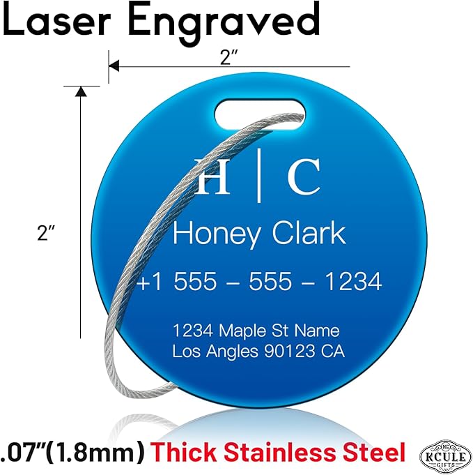 Stainless Luggage Tags for Suitcases 4 Pack: Metal Personalized Luggage Tags for Backpacks & Bags with Customizable Texts (Blue)