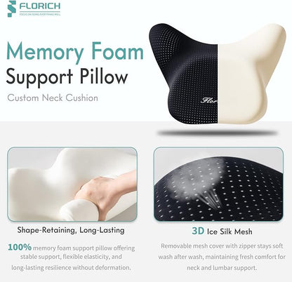 FLORICH Car Seat Cushion and Lumbar Support Pillow for Office Chair Car, Neck Headrest Pillow, Ergonomic Memory Foam, Pressure-Relieving Back Support for Car, Office Chair & Wheelchair – Black