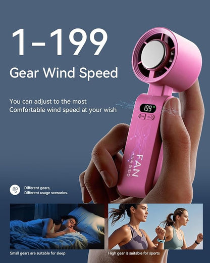 2 Pack Handheld Portable Turbo Fan with Ice Cooler, Speed (1-199) 5500mAh*2 Rechargeable Personal Fan,[20H Cooling Time] Mini Yet Powerful, Small Pocket Fans for Travel/Outdoor/Office, Hot Pink