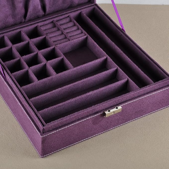 Jewelry Boxes 10 x 10 Inches 2-layer Handle Necklace Holder Organizer Jewellery Women Rings Storage Display Girls Earrings Case Lockable Jewelry Tray GY641 (Purple)
