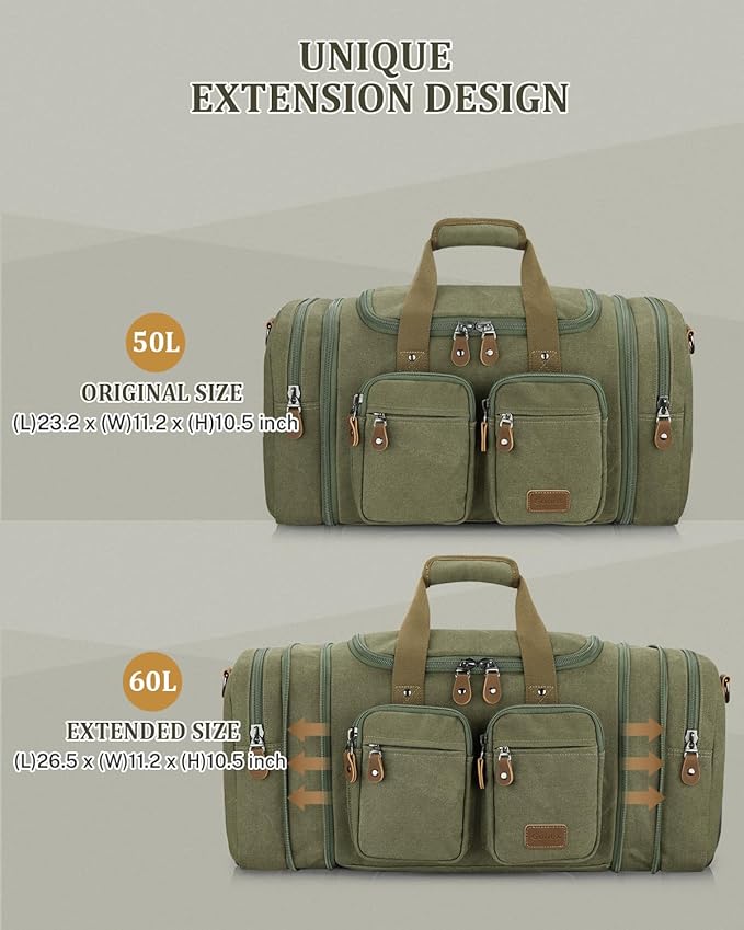Gonex Canvas Duffle Bag for Travel, Expandable Water Resistant 60L Carry on Duffel Overnight Weekender Gym Bag with Wet Dry Separation Pocket & Suitcase Handle Sleeve, Army Green
