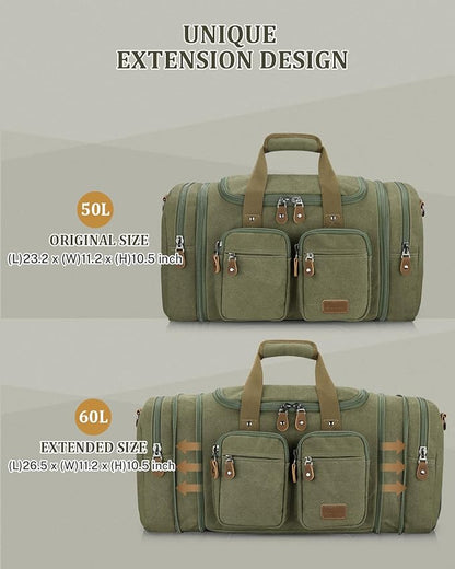 Gonex Canvas Duffle Bag for Travel, Expandable Water Resistant 60L Carry on Duffel Overnight Weekender Gym Bag with Wet Dry Separation Pocket & Suitcase Handle Sleeve, Army Green