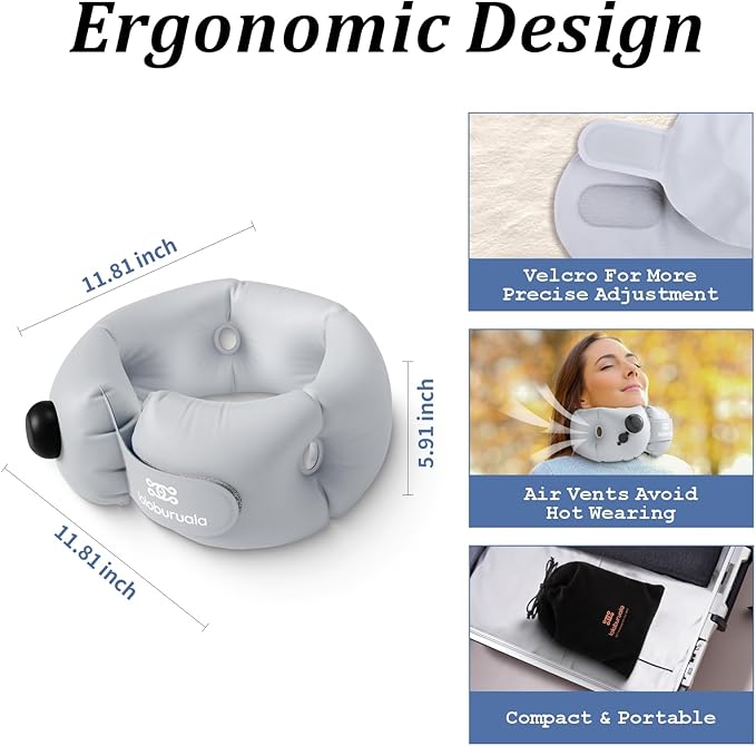 Inflatable Neck Pillow, Portable Travel Neck Pillow for Long Flight, Storable Gray Neck Pillows with Washable Cover, Adjustable Air-Fill Support