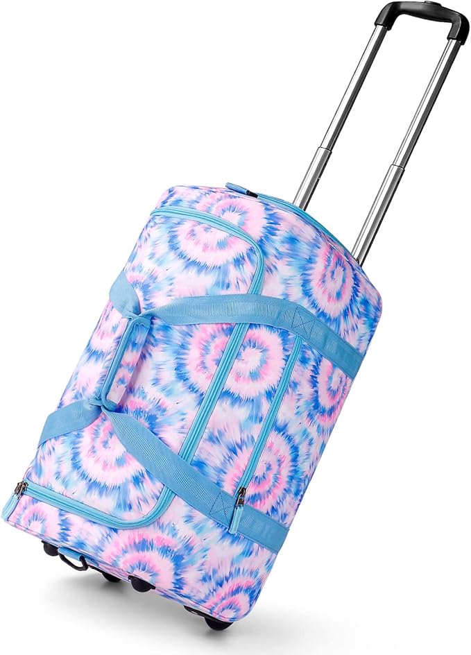 Choco Mocha Girls Tie Dye Suitcase with Wheels Kids Blue Rolling Duffle Bag for Camping Teen Girls Toddler Luggage Bag for Travel, 22inch