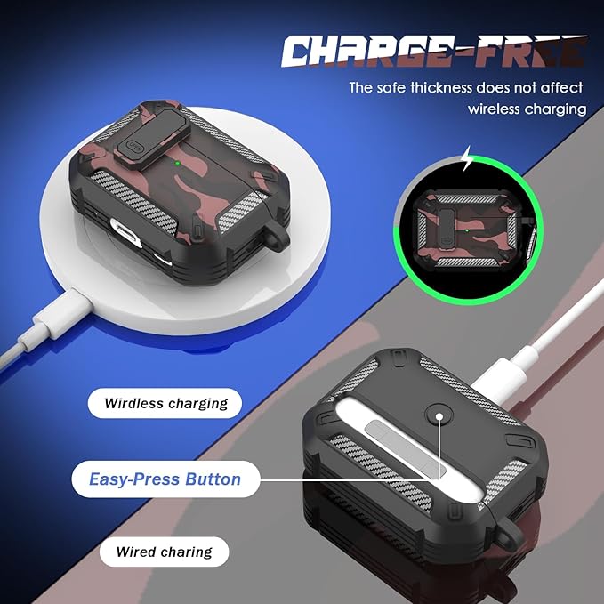 RFUNGUANGO for AirPods Pro 2nd Gen Case with Cleaning Kit, Military Hard Case Protective Armor with Lock, for AirPod Gen 2 Charging Case (2023/2022/2019, 2nd Gen/1st Gen),Red Camouflage