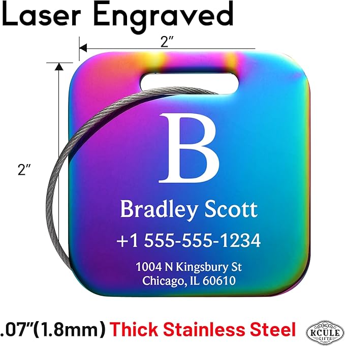 Stainless Luggage Tags for Suitcases 4 Pack: Metal Personalized Luggage Tags for Backpacks & Bags with Customizable Texts (Rainbow)