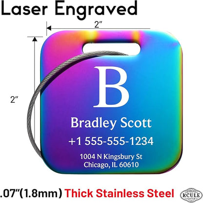 Stainless Luggage Tags for Suitcases 4 Pack: Metal Personalized Luggage Tags for Backpacks & Bags with Customizable Texts (Rainbow)