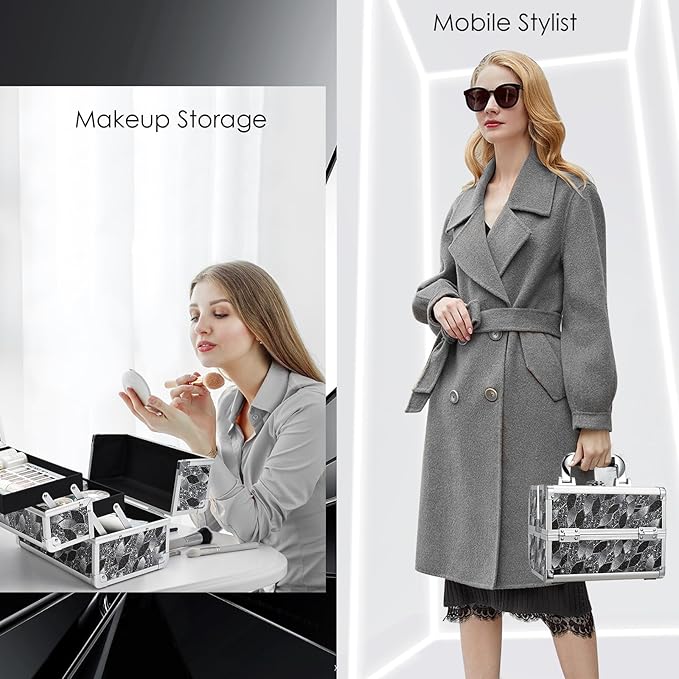 Joligrace Makeup Case Organizer Makeup Box Portable Cosmetic Train Case Hard Vanity Storage with 2 Trays Mirror Locking Make Up Travel Case for Cosmetics Nail Kits Travelling Organizer Modern Style