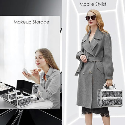 Joligrace Makeup Case Organizer Makeup Box Portable Cosmetic Train Case Hard Vanity Storage with 2 Trays Mirror Locking Make Up Travel Case for Cosmetics Nail Kits Travelling Organizer Modern Style