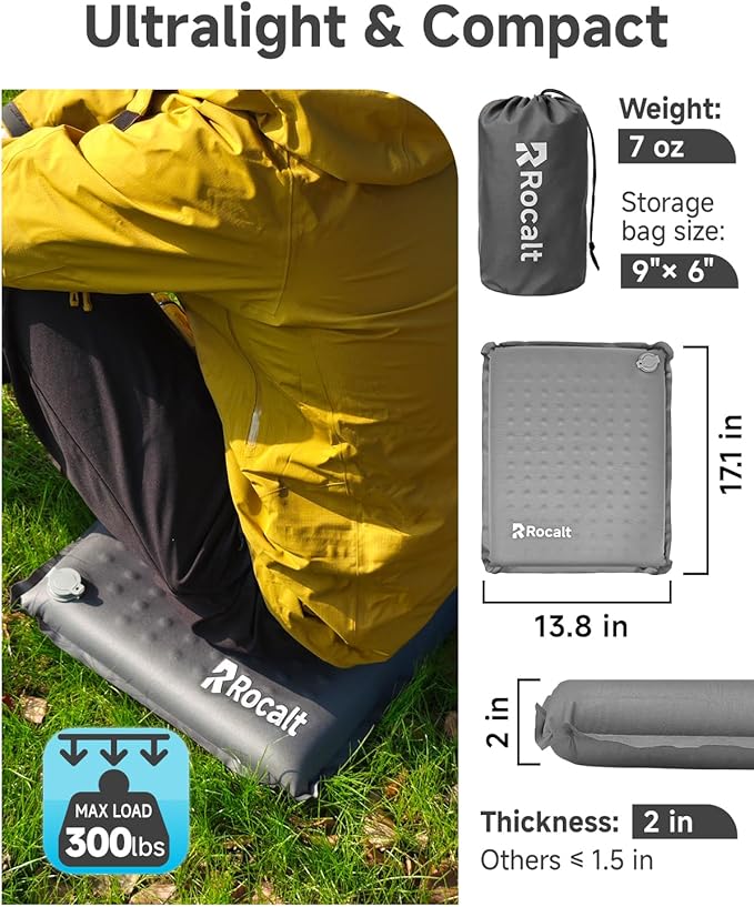 Rocalt Inflatable Seat Cushion,Self-Inflating Memory Foam Stadium Seats Cushion, Portable Air-Foam Bleacher Cushion, Lightweight & Compact Travel Seat Cushion for Camping, Airplane, Car, Sports Events