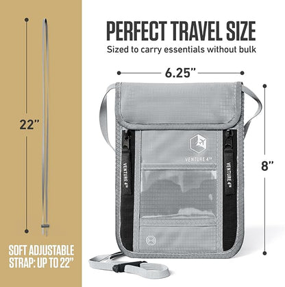 VENTURE 4TH Neck Wallet, RFID Blocking Passport Holder for Travel – Hidden Neck Pouch with 6 Compartments, Slim Lightweight Organizer with Adjustable Strap for Cash, Cards & Passport (Silver)