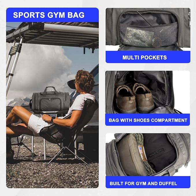 Gym Bag Duffle Bags for Men Women with Shoes Compartment Sport Weekend Travel Overnight Carry On Bag for Tactical Military Travel Work Out Bags (Grey)