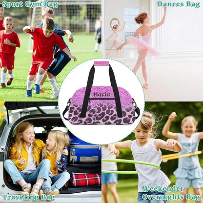 Personalized Kids Sports Duffel Bag with Name Custom Weekender Overnight Bag for Boys Girls Gym Bag Travel Dance Gymnastics Duffel Bag, Purple Glitter Leopard Print