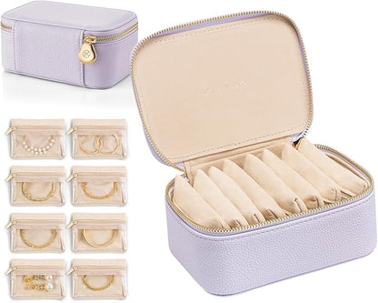 Vlando Travel Jewelry Box Organizer - 8 Small Velvet Zipped Pouches Pockets for Jewelries Necklaces Rings Earrings Sorting Storage, Lilac Purple