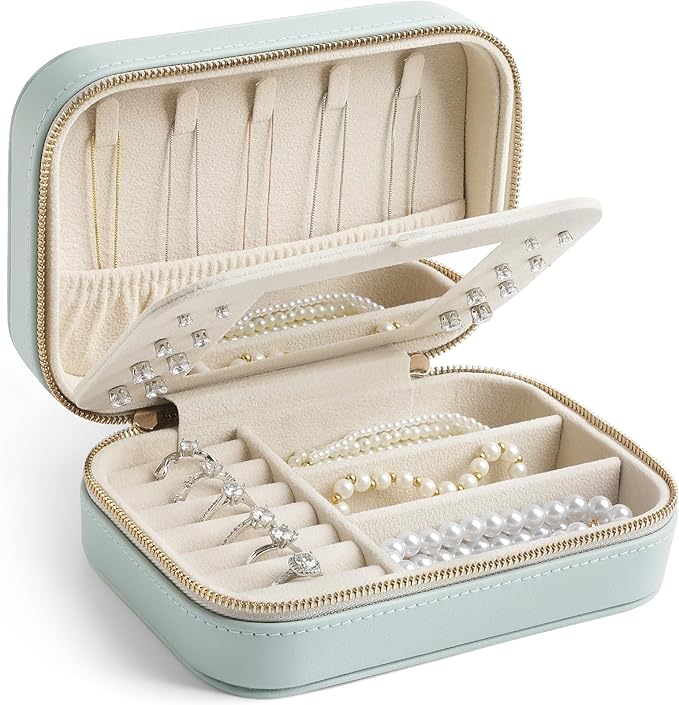 Genuine Leather Travel Jewelry Organizer Case with Mirror for Women, Small Mini Portable Jewelry Box for Ring Earrings Necklace Bracelet Luxury Gift for Women（Cyan）