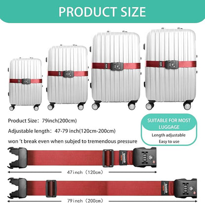Luggage Strap Belt for 20"-32" Suitcase with TSA Approved 3-Dial Combination Lock Wide Adjustable Packing Straps Travel Accessories, Red