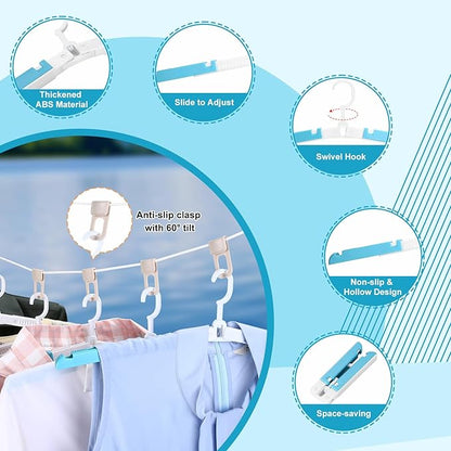 6 Pack Foldable Travel Hangers with Clips & Adjustable Clothesline, Portable Collapsible Hangers with Storage Bag for Suitcase, Hotel, RV, Cruise Essentials Set (Blue)