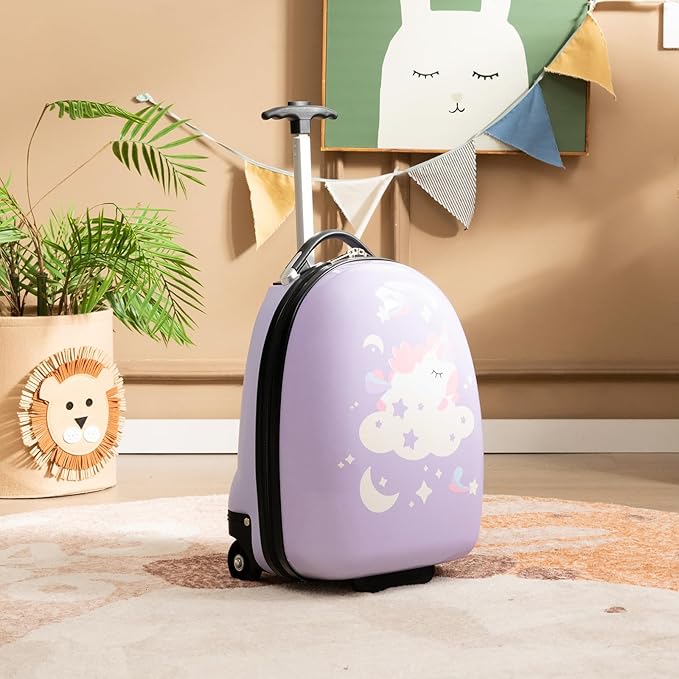 Goplus Kids Luggage, 16’’ Carry On Suitcase with Wheels, Waterproof Hard Shell, Lightweight Rolling Luggage for Travel, Birthday Christmas Gifts for Toddlers, Children, Boys, Girls (Purple-Unicorn)