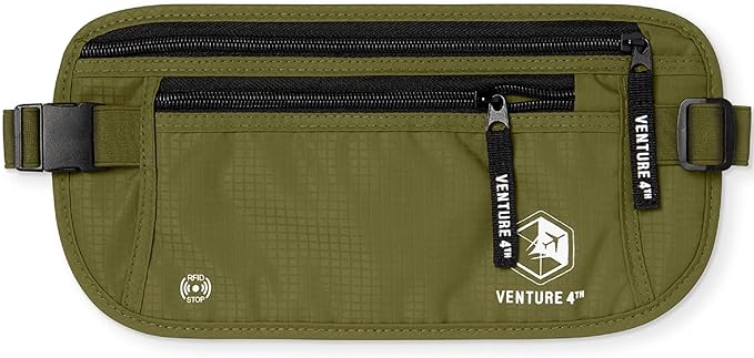 VENTURE 4TH Travel Money Belt - Slim Passport Holder RFID Blocking Travel Pouch to Protect Cash, Credit Cards and Travel Documents (Green)